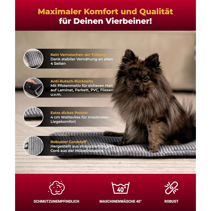 Килимок для собак HS-Hundebett® з підкладкою Cord, XS (45x65 см) – Нековзна підкладка – М'яка ковдра для собак – Затишне місце для відпочинку – Антрацитовий колір, Виготовлено в Німеччині, 45x65 см