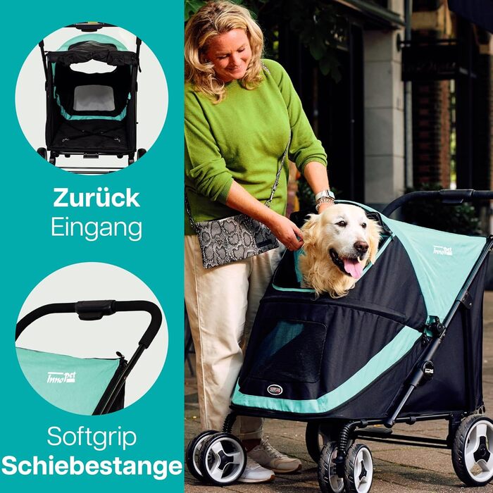 Візок для собак Innopet Mamut блакитно-чорний – до 50 кг, з дощовим захистом, складається одним рухом – поворотні колеса, візок для великих та середніх собак