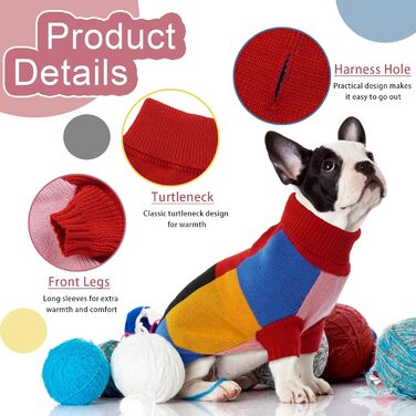 Вовняний пуловер для собак Hjumarayan, вінтажний стиль, отвір для повідка, блоковий колір, пуловер з коміром-стійкою для маленьких собак, теплий, червоний S