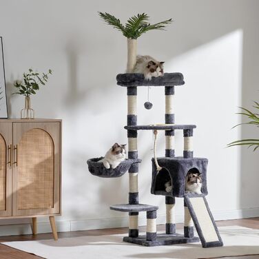 Котячий комплекс Heybly 166 см, дім-дерево для котів, багаторівневий, з лежанкою, когтеточка, кошиком, мискою, драпак для котів, сучасний дизайн, димчасто-сірий