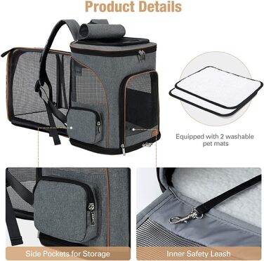 Рюкзак для кота та собаки Lekesky Groß XL (36x31x42 см), сірий. Розширюваний рюкзак-переноска для тварин до 8-10 кг з внутрішнім поводком та двома килимками.