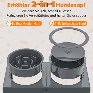 Набір мисок для собак X-BEN 3-в-1: миска для води з захистом від пролиття 1.4L, миска від захлипування 1L, годівниця з 5 рівнями регулювання висоти, для середніх та великих собак, антиковзаюча, сіра