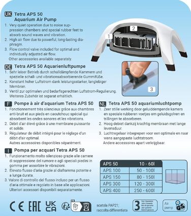 Tetra APS 50 – тиха мембранна повітряна помпа для акваріума 10-60 л, біла