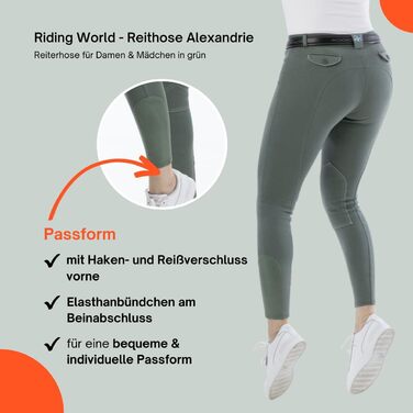 Лосини для верхової їзди Riding World Alexandrie для жінок та дітей | Лосини з накладками на колінах, кишені, 6 кольорів, розміри 104-176 та 32-44, колір: зелений