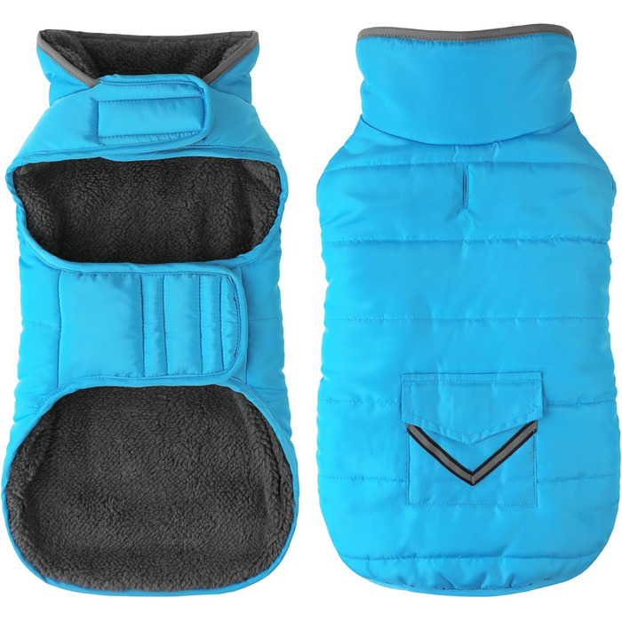 Водонепроникний зимовий одяг для собак, теплий флісовий піджак з кишенею, світловідбиваючий, регульований, небесно-блакитний, розмір M (Обхват грудей: 16.1-20.1')