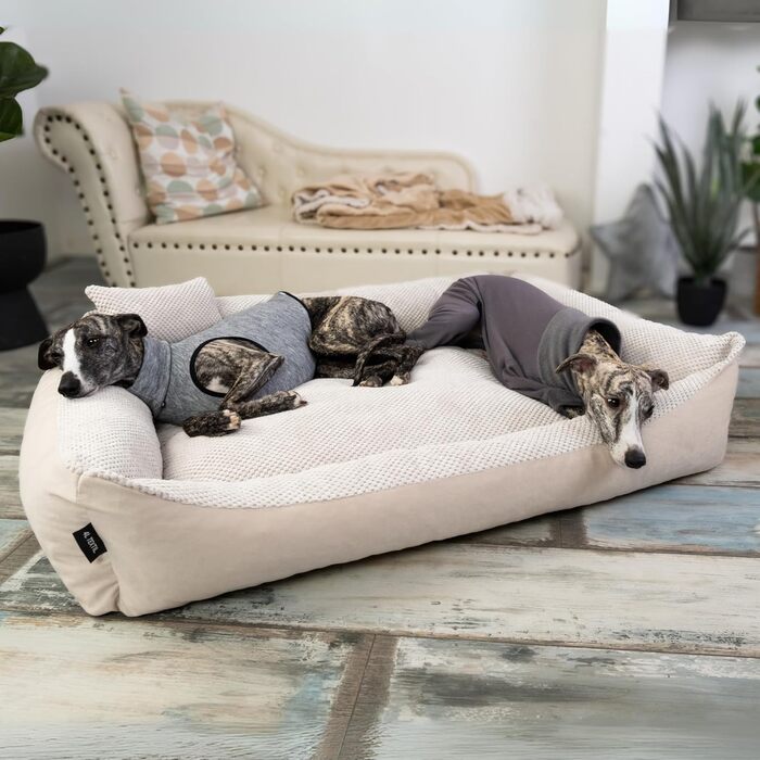 М'яке ліжко для собак 4L Textil Teo, бежеве, 100x80 см. Знімний та пральний чохол, корзина для собак середнього розміру, зручне собаче ліжко.