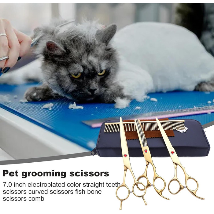 Набір професійних ножиць для грумінгу собак (7 шт.) | З нержавіючої сталі | Ножиці для догляду за тваринами [Золотий]