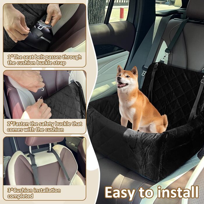 Автокрісло для собак: чорне, 40x40x35 см, для маленьких та середніх порід, з 2 ременями кріплення