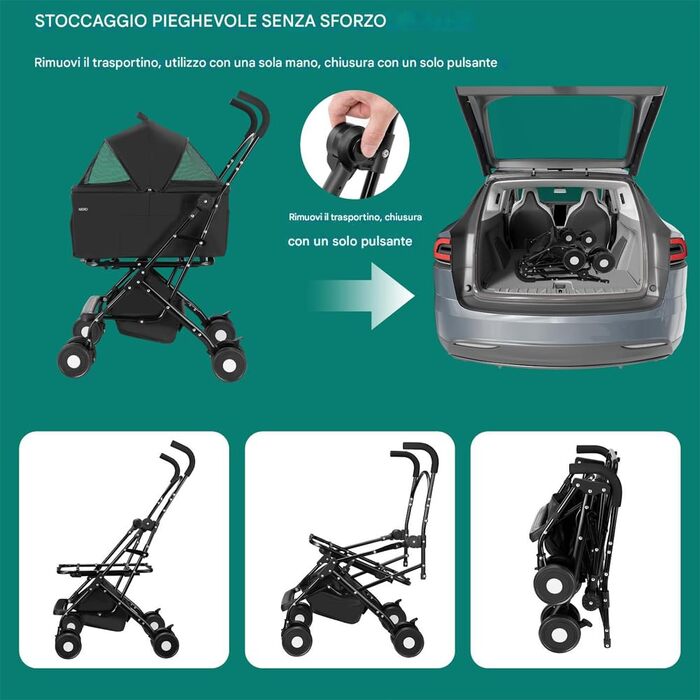 Дитячий візок для тварин BAKAJI 2 в 1, 40 кг, складний, знімний капюшон, візок для собак та котів з кошиком для зберігання (Чорний)