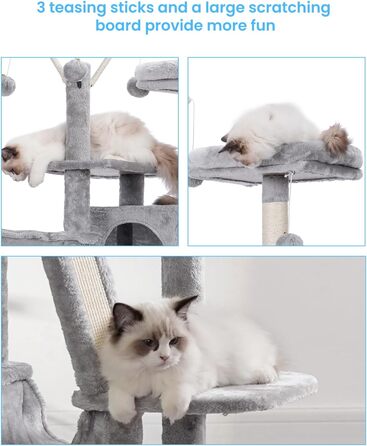 Котячий комплекс Hey-brother 134,6 см для дому, котячий будинок з м'яким лежаком, іграшковими м'ячами, великою затишною будкою, гамаками та сизалевими стовпами, світло-сірий MPJ019-SW