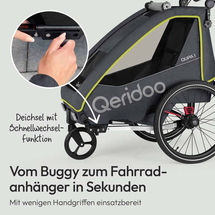 Причіп для велосипеда Qeridoo QUPA 1 з листковою підвіскою, складною кабіною, розширюваним сидінням, візок-причіп, регульована ручка, 5-точкова система ременів безпеки, для 1 дитини (Lime)
