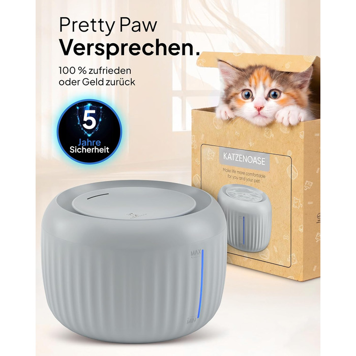 Фонтан-питилка для котів Pretty Paw з безшумним насосом, LED-підсвіткою та вугільним фільтром, 2.5 л, Graphite Silk
