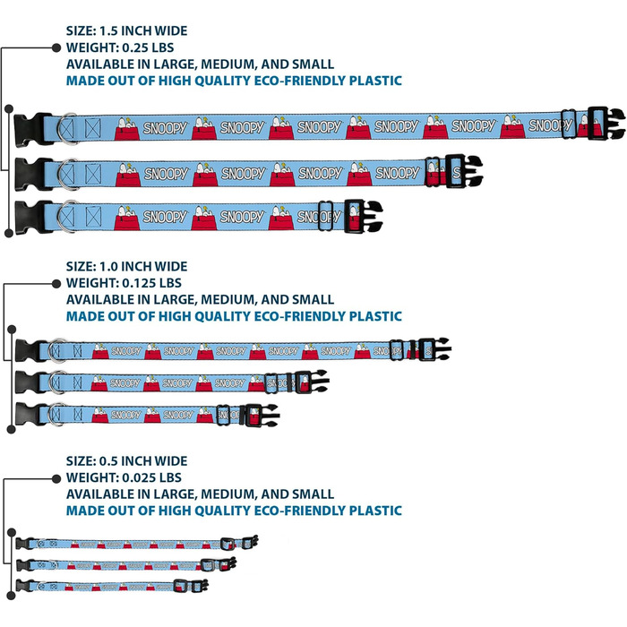 Нашийник для собак Peanuts Snoopy та Woodstock з блакитною пластиковою пряжкою, 17.8-21.6 см, ширина 1.3 см