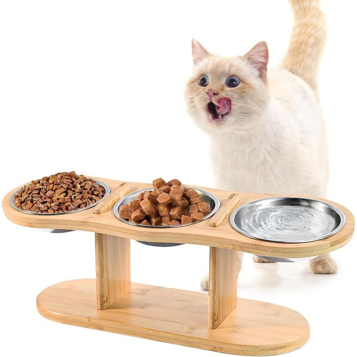 Підвищена годівниця для котів LEKEFETO з 3 мисками з нержавіючої сталі, регульована висота, дерев'яний підставник, годівниця та миска для води для котів та маленьких собак