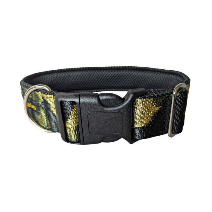Камуфляжний нашийник для собак, широка стрічка 4 см, м'яка підкладка, військовий стиль, зручна застібка-клік, регульований, оливково-золотий-чорний (до 48 см)