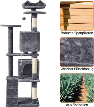 Кігтеточка для котів Yaheetech, велика, 178 см, з 3 платформами, 3 стовпчиками, 2 будиночками, м'ячі, сірий колір