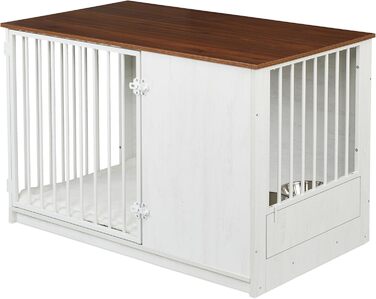 Клітка для собак Relaxdays, для дому, HBT: 65,5x102x60 см, 2 обертові миски, собача будка з виглядом дерева, МДФ & сталь, (білий/коричневий)