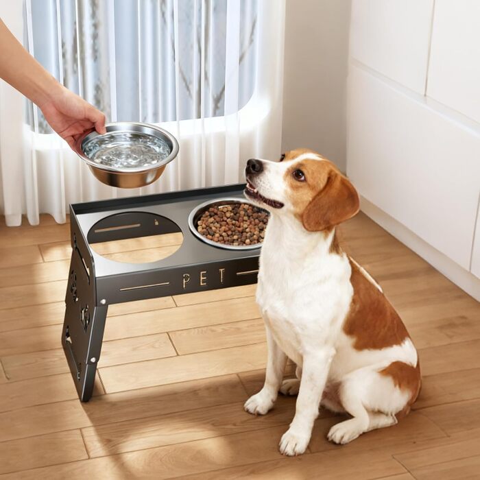 Підвищений годівниця для собак з 3 рівнями – 2 великі миски з нержавіючої сталі для маленьких, середніх та великих собак (Сірий)