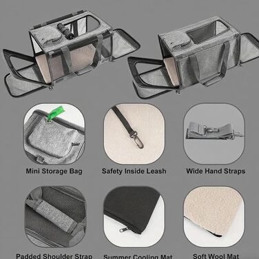 Транспортна переноска для собак та котів SHJOEE, складана, дихаюча, з оксфордської тканини, для великих котів та цуценят, для подорожей, авто, до ветеринара (сірий, 46 x 46 x 30 см)