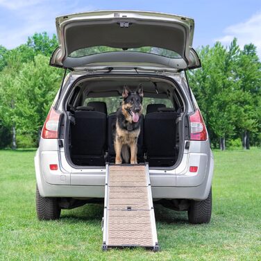 Рампа для собак у машину Klappbar - Складана, стабільна, протиковзка, для автомобілів та SUV до 90 кг, телескопічна алюмінієва рампа, з світловідбиваючими смугами, кріпильний кліп, для великих собак