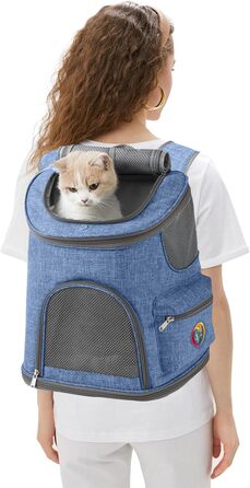 PETCUTE Рюкзак для собак, дихаючий, з м'яким матрацом, складний, з безпечною шлейкою, для подорожей, велосипеда, літака (Темно-синій 1)