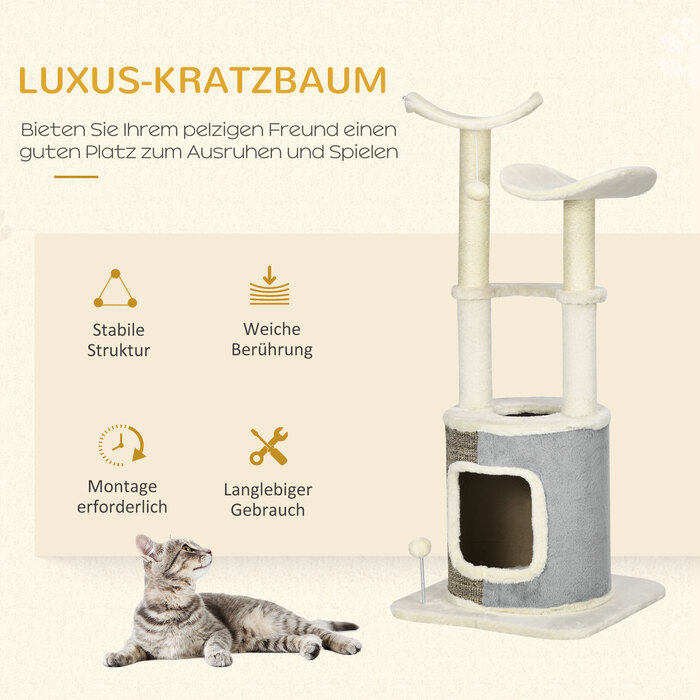 Міцна кігтеточка PawHut, котяче дерево з котячою печерою, платформи, сизалева колона, ігровий м'яч, кремово-білий, 48 x 48 x 110 см | Аосом