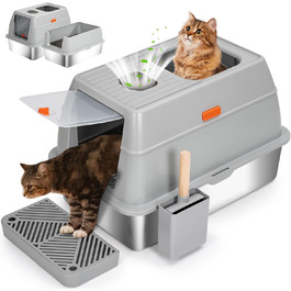Лоток для котів з нержавіючої сталі KMNSUN XXL з кришкою, дезодоруючий, 61×41×40 см, з совком і педалями, легке очищення