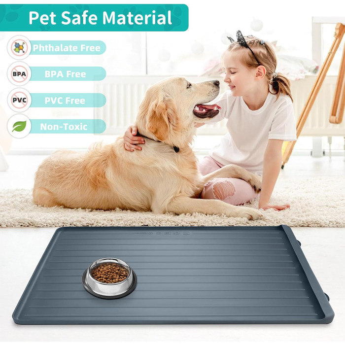 Килимок для годування собак та котів, 100x68 см, з бортиками, сірий