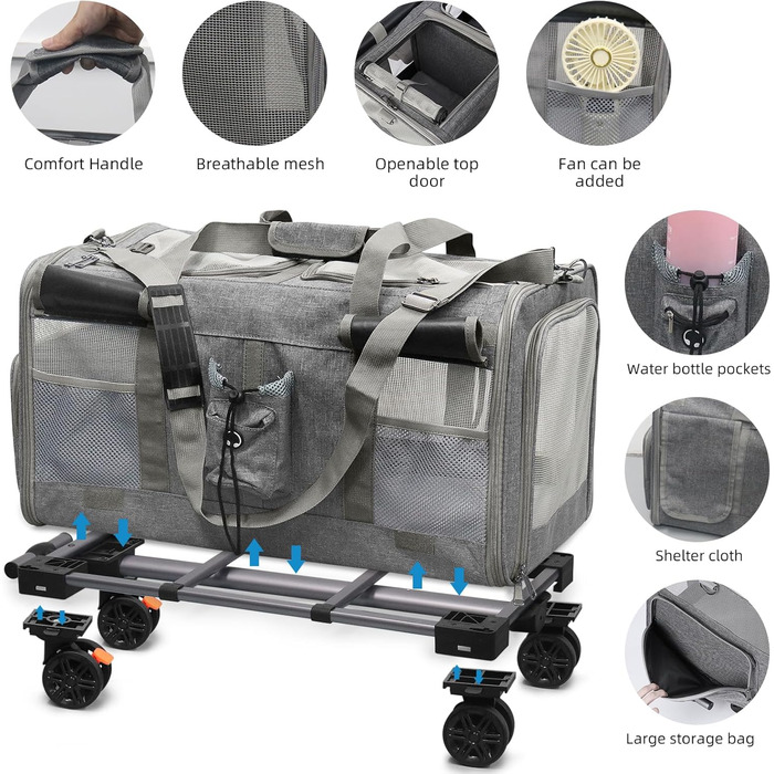 Переноска для котів велика, на колесах, 2-в-1 з відділеннями, з іграшкою та ремінком (сіра)