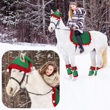 Набір з 6 шт. накладок на ноги для коня з штучним хутром, святкові, червоно-зелені, для декору та костюмів