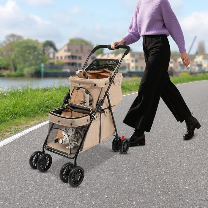 Складаний візок для собак та котів, 2-рівневий, з сумкою та ременями безпеки (Хакі)
