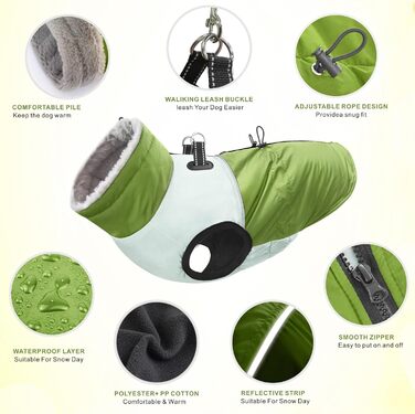 Водонепроникний зимовий одяг для собак Dolahovy: тепла флісова куртка для малих, середніх та великих собак, вєсті з шлейкою (зелений, 2XL)