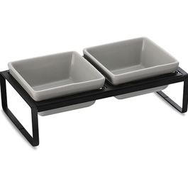 Підвищена годівниця для котів та собак сірого кольору, з підставкою, з подвійної кераміки, 2 x 280 мл