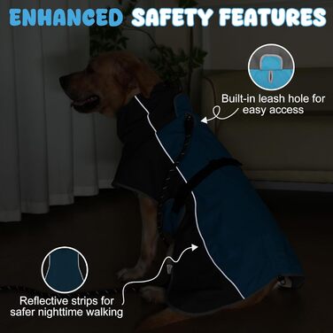 Водонепроникний собачий дощовик HezzLuv з світловідбиваючими смугами, отвором для повідка та флісовою підкладкою Polar Fleece, можна прати в пральній машині. Зимова куртка для собак маленьких, середніх та великих порід, тепла, вітронепроникна, легка (Блак