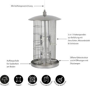 Годівниця для птахів Dehner Natura Premium Triple - 3 в 1, металева, срібна, Ø 22 см, 36.5 см