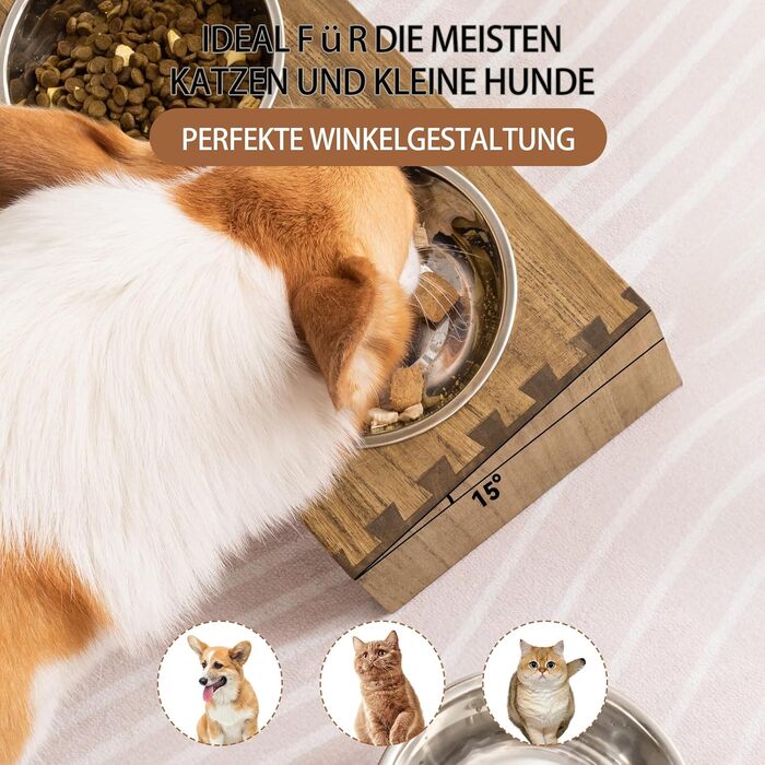 Підвищені годівниці для котів та собак KIRIGEN – дерев'яна годівниця з 3 знімними мисками з нержавіючої сталі, жовто-коричневого та темно-коричневого кольорів