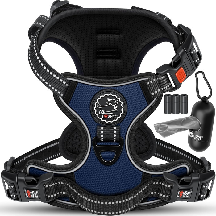 Шлейка для собак LOVPET® без натягу та тяги для маленьких собак та цуценят, дихаюча та м'яка, світловідбиваюча | Безперетягувальна шлейка з ручкою та рулонами для відходів | Регульована шлейка Navy Blue - L Navy Blue