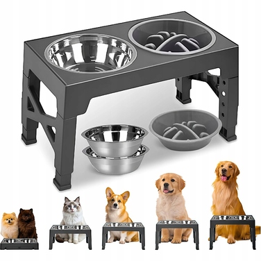 Подвійна металева миска для собак на регульованій підставці 2в1 (захист від розбризкування)
