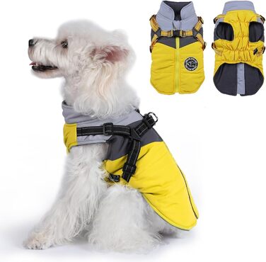 Водонепроникний зимовий одяг для собак Savlot: тепла куртка та вітрозахисний костюм для маленьких та середніх собак з шлейкою. Відображаючий дизайн (L, жовтий + сірий)
