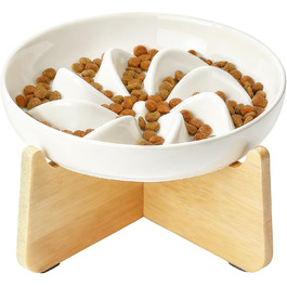 PETTOM Миска для котів протиковзаюча піднята, керамічна миска для котів, повільна годівниця для котів, миска протиковзання для котів та маленьких собак, біла миска + підставка (миска біла-квітка + підставка)