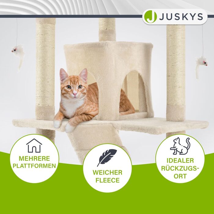 Когтеточка для котів Juskys XXL Amy 170 см, бежевий – багаторівневий котячий комплекс з лежаками, драбинами, будиночками та стовпчиками із сизалю, стійкий кіт-дерево