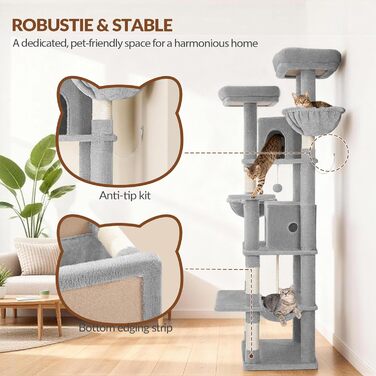 Котячий будиночок Kratzbaum Groß 216 см: великий, стабільний, з 2 печерами, 2 платформами, 2 кошиками та гамаком для дому. FPMS007FG1 (50x40x175 см, світло-сірий)