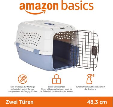 Транспортна переноска для котів Amazon Basics, 2 дверцята, верхнє відкривання, 48x32x25 см, синя