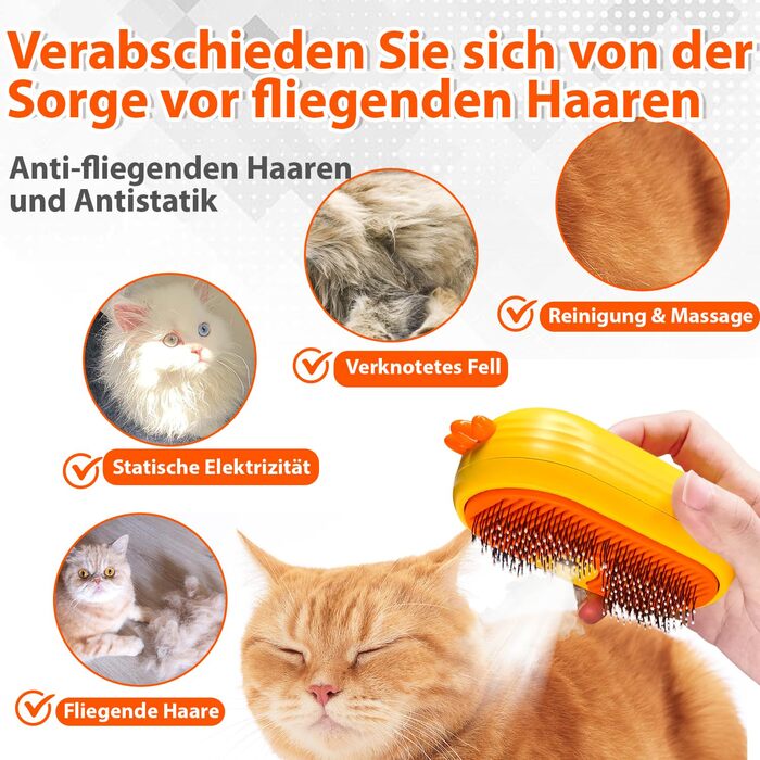 Парфумерна щітка для котів з розпилювачем, 4-в-1: видалення шерсті, масаж, розпилення, самоочищення, водонепроникна (IPX7), білий колір з жовтим руків'ям