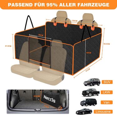 Килимок для собак у машину Neccis з знімною жорсткою основою, 136 x 61 см. Максимальне навантаження 150 кг, водонепроникний та стійкий до подряпин. Підходить для 95% легкових автомобілів, позашляховиків та вантажівок. Чорний+Помаранчевий.