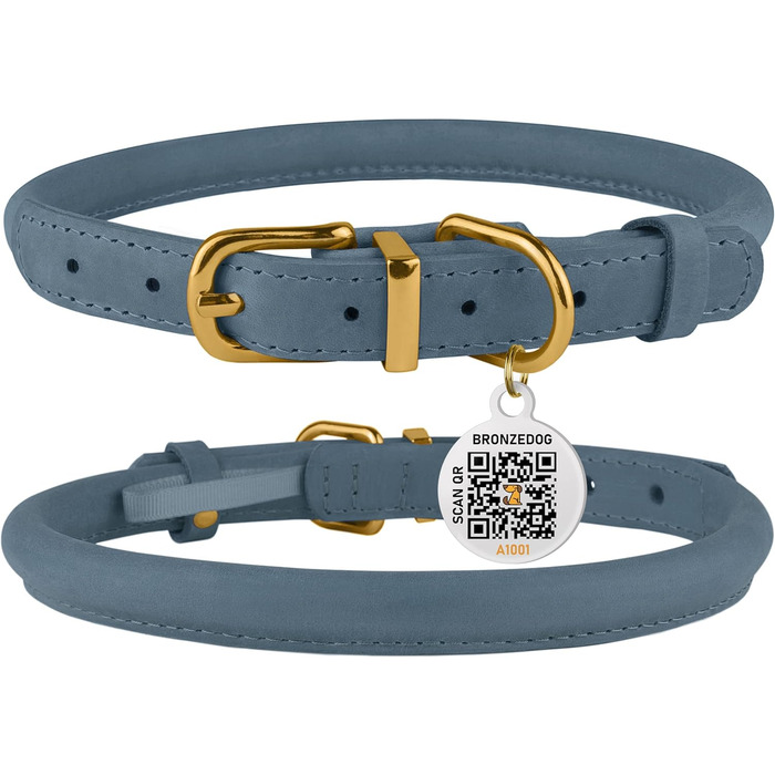 Шкіряний нашийник для собак BRONZEDOG з QR-ID тегом, регульований, м'який, круглий, для малих, середніх та великих собак, цуценят, котів (40-48 см), (Джинс, 23-28 см)