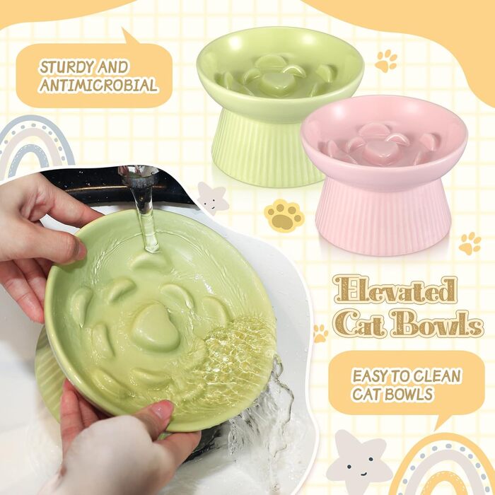 Підвищені миски для котів Layhit з кераміки, проти блювоти, повільне годування, для сухого та вологого корму, кошенята, 2 шт. (зелений, рожевий)