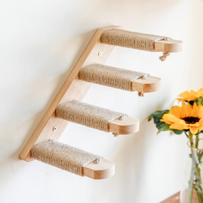 Кігтеточка-стіна для котів FUKUMARU, дерев'яна стіна для котів, лежанка на стіні з масивного гумового дерева, для котів до 15 кг, з джутового мотузка для дряпання (зліва направо)