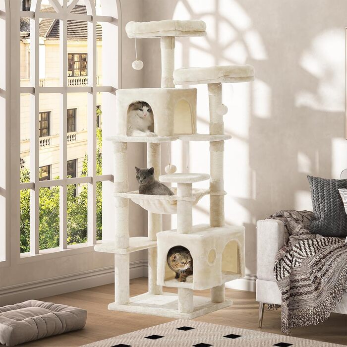 Кігтеточка для котів MSmask велика, стабільна, багатоярусна з 2 платформами, 2 будиночками, гамаком, сизалевими стовпчиками (Бежева, 160 см)