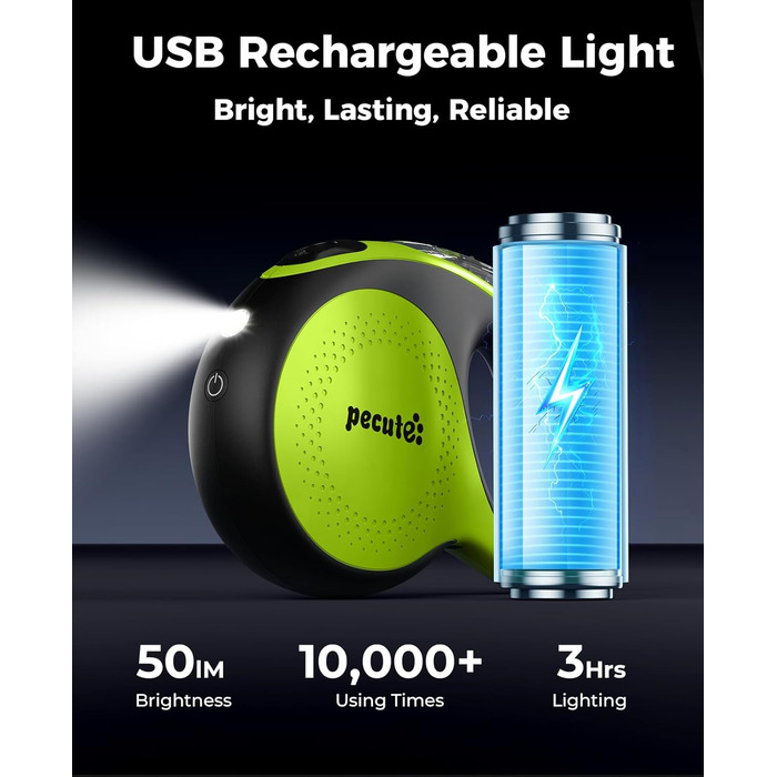 Рулетка для собак Pecute 8м з LED-підсвічуванням, 360° без перекручування, для собак до 50 кг